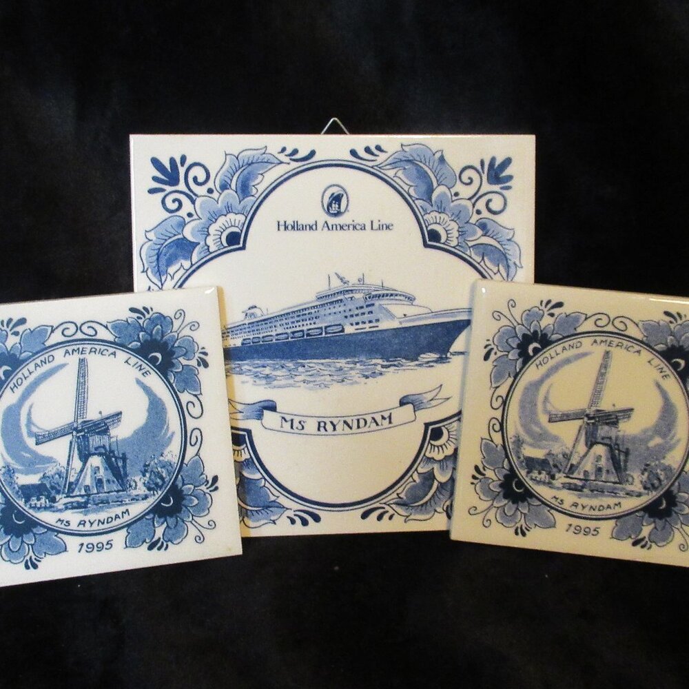 VTG 1995 Holland America Line Ms Ryndam Porcelain Tile w/ 2 Drink Coaster Tiles